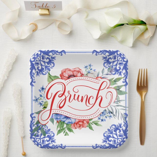 Red, White and Blue Floral Bridal Brunch | Shower  Paper Plates (Wedding)
