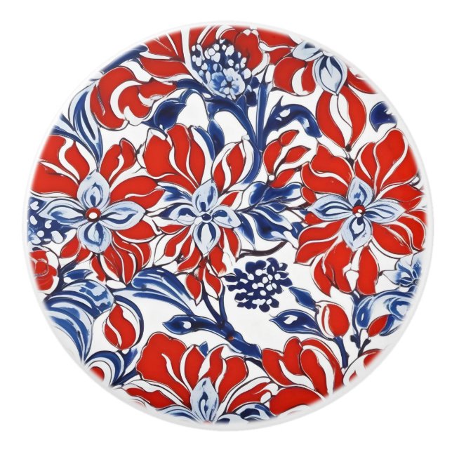 Red, White and Blue Floral Custom Ceramic Knob (Front)