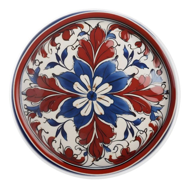 Red, White and Blue Floral Custom Ceramic Knob (Front)