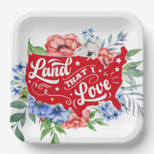 Red white and blue floral Land that I Love Paper Plates