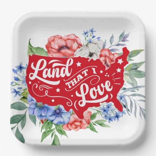 Red white and blue floral Land that I Love Paper Plates