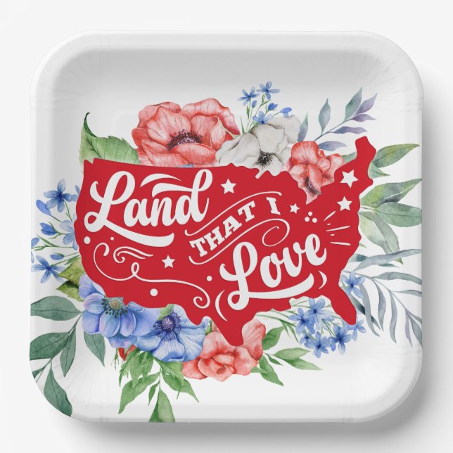 Red white and blue floral Land that I Love Paper Plates (Front)