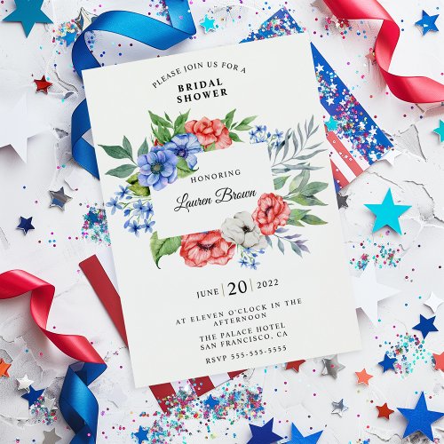 Red White and Blue Floral Patriotic Bridal Shower Invitation