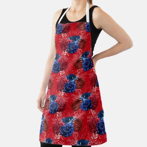 Red White and Blue Floral Pattern Apron