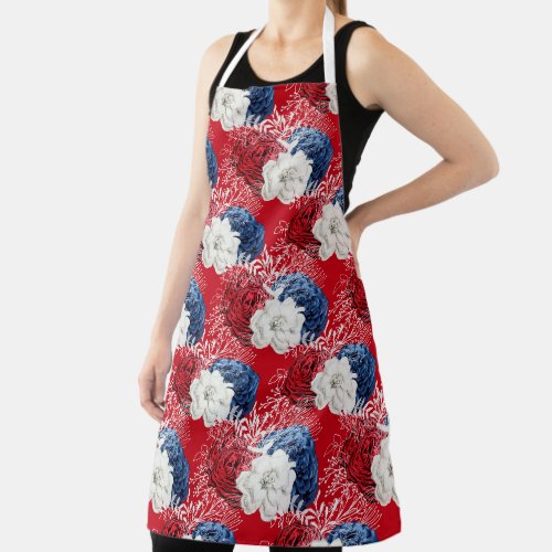 Red White and Blue Floral Pattern Apron