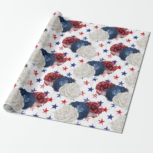 Red, White and Blue Floral USA Pattern Wrapping Paper (Unrolled)