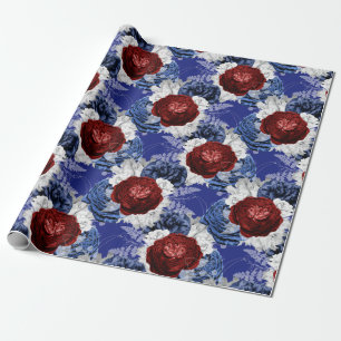Red, White and Blue Floral USA Pattern Wrapping Paper