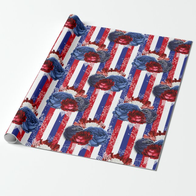 Red, White and Blue Floral USA Pattern Wrapping Paper (Unrolled)