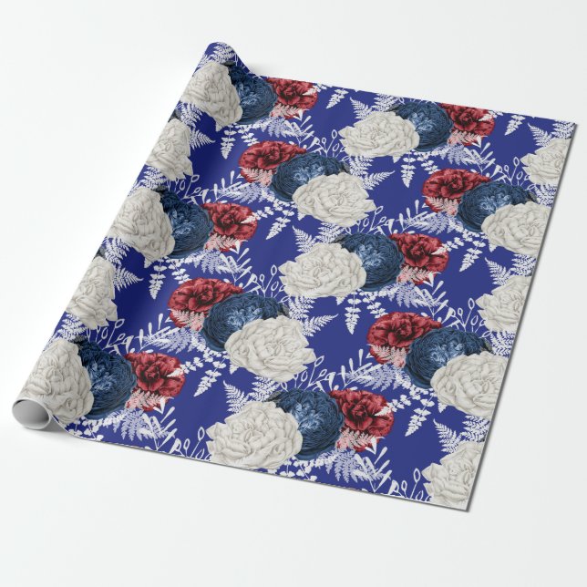 Red, White and Blue Floral USA Pattern Wrapping Paper (Unrolled)