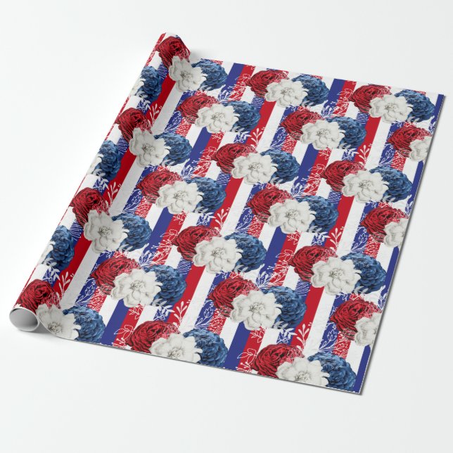 Red, White and Blue Floral USA Pattern Wrapping Paper (Unrolled)