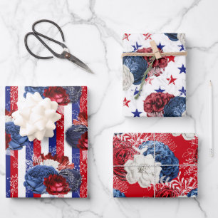 Red, White and Blue Floral USA Pattern Wrapping Paper Sheets