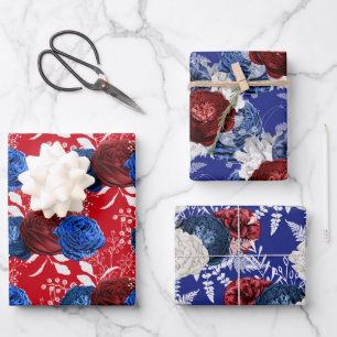 Red, White and Blue Floral USA Pattern Wrapping Paper Sheets