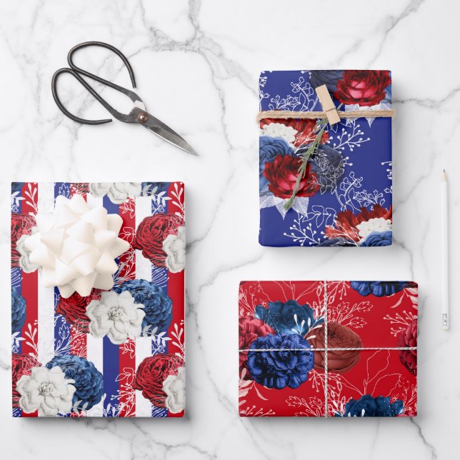 Red, White and Blue Floral USA Pattern Wrapping Paper Sheets (Front)