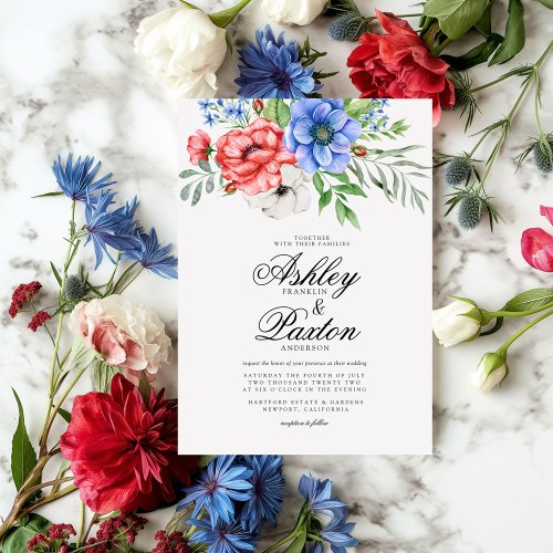 Red White and Blue Floral Wedding Invitation
