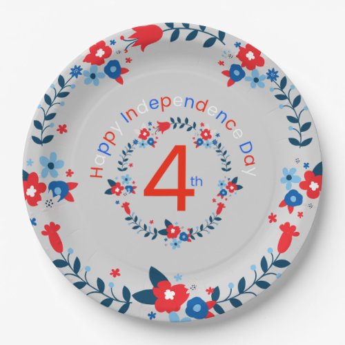 Red White and Blue Floral Wreath July 4th BBQ Paper Plates