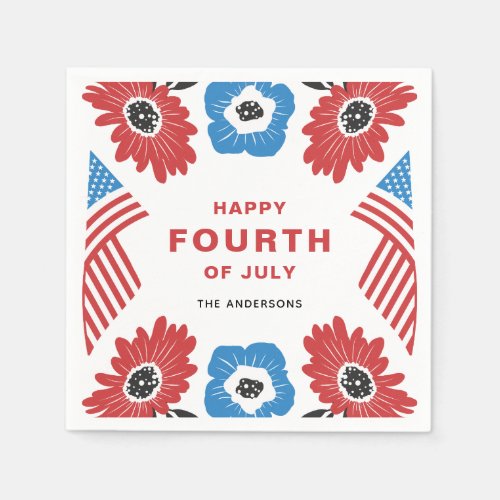 Red White and Blue Florals Happy Fourth of July Napkins