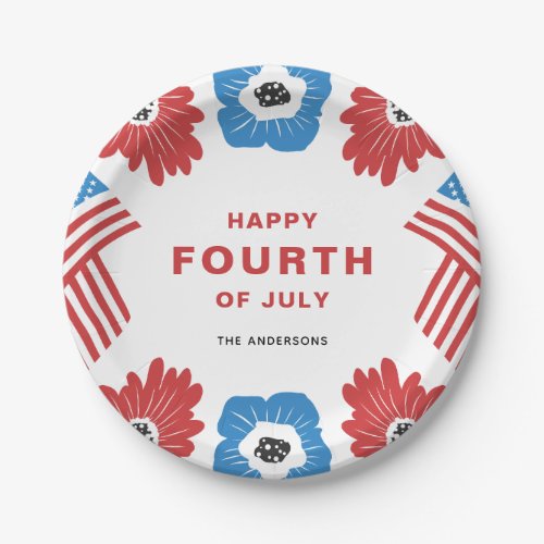 Red White and Blue Florals Happy Fourth of July Paper Plates