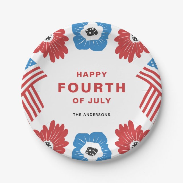 Red White and Blue Florals Happy Fourth of July Paper Plates (Front)