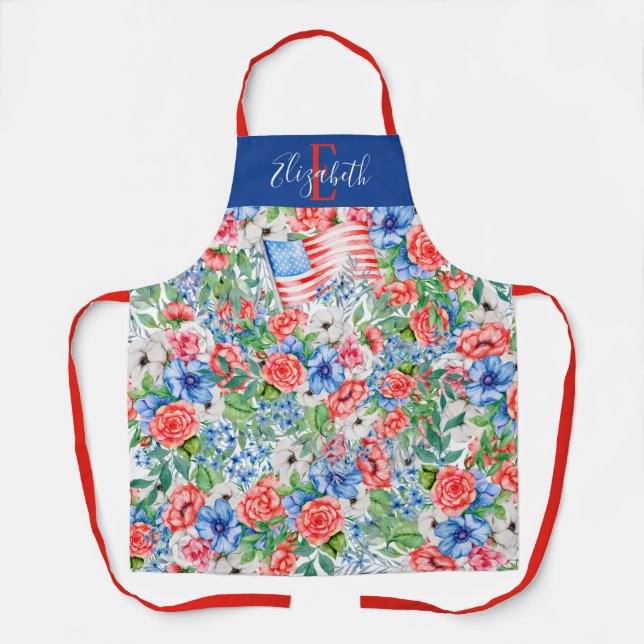 Red White And Blue Flowers Monogram 4th Of July Apron (Front)