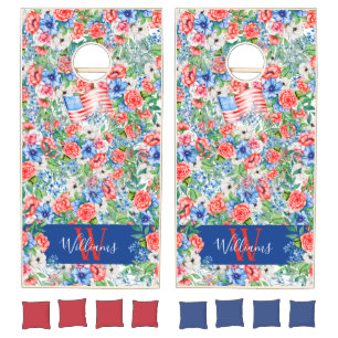 Red White And Blue Flowers Monogram 4th Of July Cornhole Set