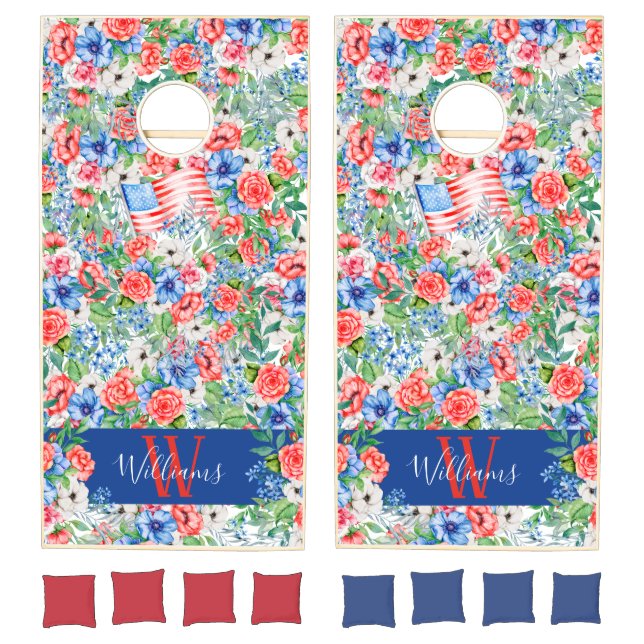 Red White And Blue Flowers Monogram 4th Of July Cornhole Set (Set)