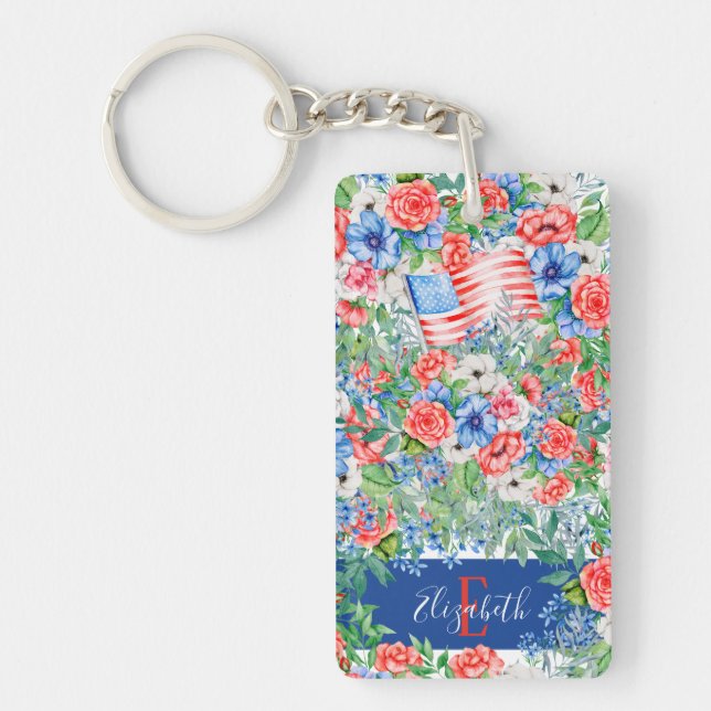 Red White And Blue Flowers Monogram 4th Of July Keychain (Front)
