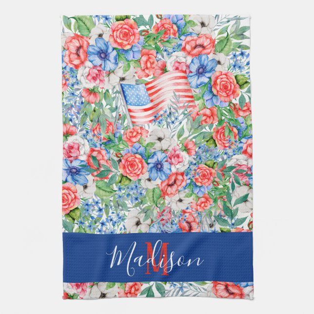 Red White And Blue Flowers Monogram 4th Of July Kitchen Towel (Vertical)