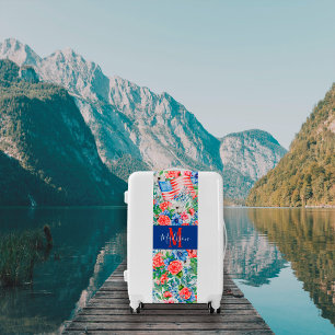 Red White And Blue Flowers Monogram 4th Of July Luggage