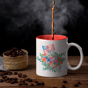 Red White And Blue Flowers Monogram 4th Of July Two-Tone Coffee Mug