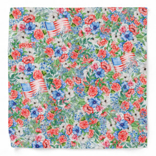 Red White And Blue Flowers Patriotic 4th Of July Bandana
