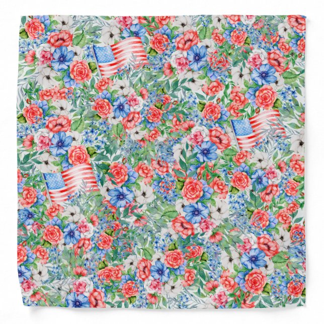 Red White And Blue Flowers Patriotic 4th Of July Bandana (Front)