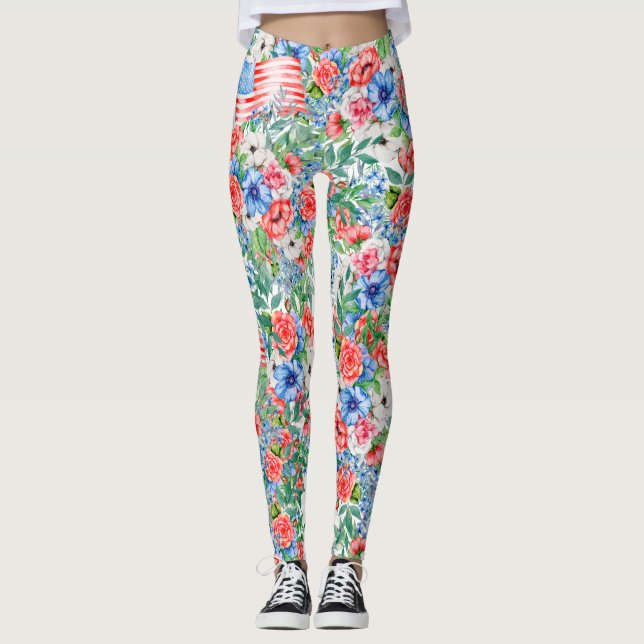 Red White And Blue Flowers Patriotic 4th Of July Leggings (Front)