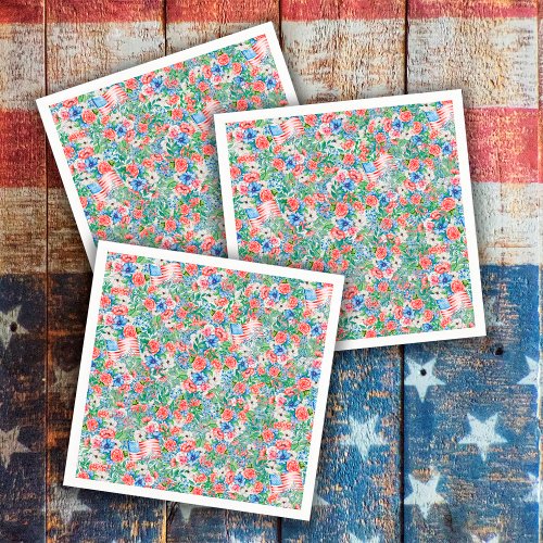 Red White And Blue Flowers Patriotic 4th Of July Napkins