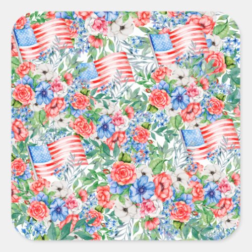Red White And Blue Flowers  Patriotic 4th Of July Square Sticker