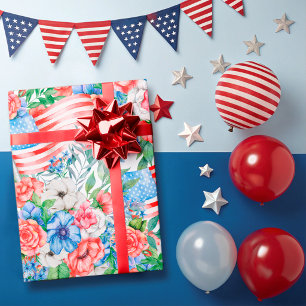 Red White And Blue Flowers  Patriotic 4th Of July Wrapping Paper