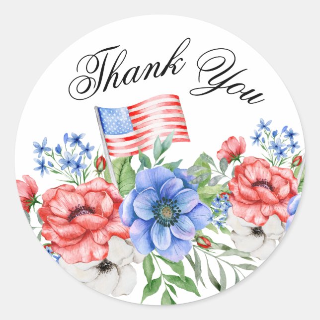 Red White and Blue Flowers with Flag Sticker (Front)