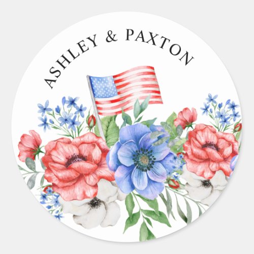 Red White and Blue Flowers with Flag Sticker