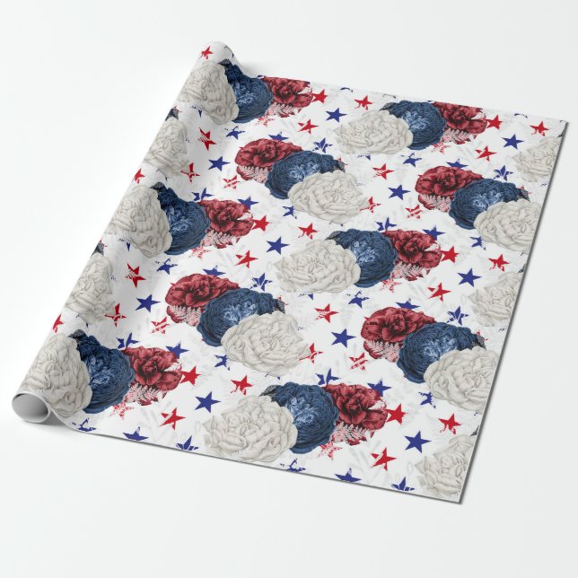 Red White and Blue Fourth of July Floral Wrapping Paper (Unrolled)