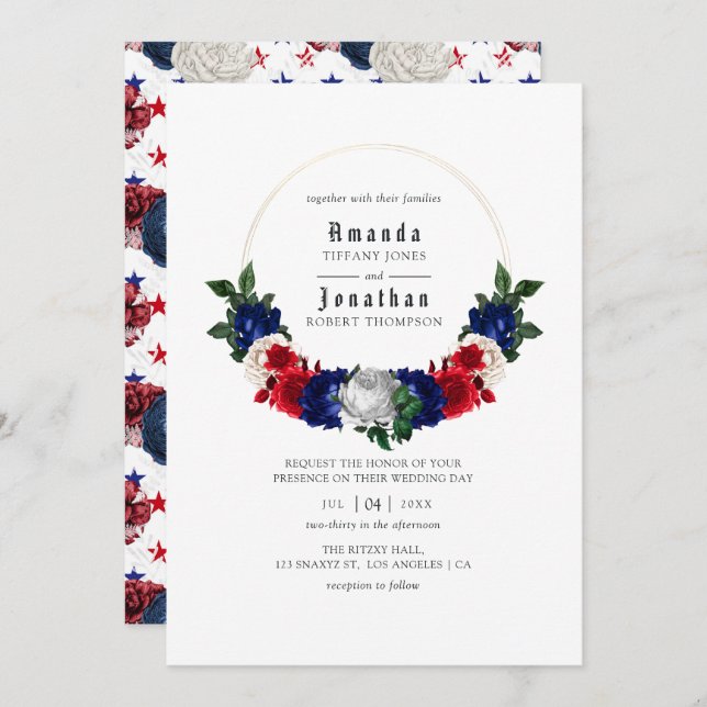 Red White and Blue Fourth of July Wedding Invitation (Front/Back)