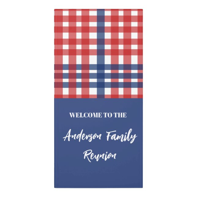 Red, White and Blue Gingham Family Reunion Door Sign (Classic Front Vert)