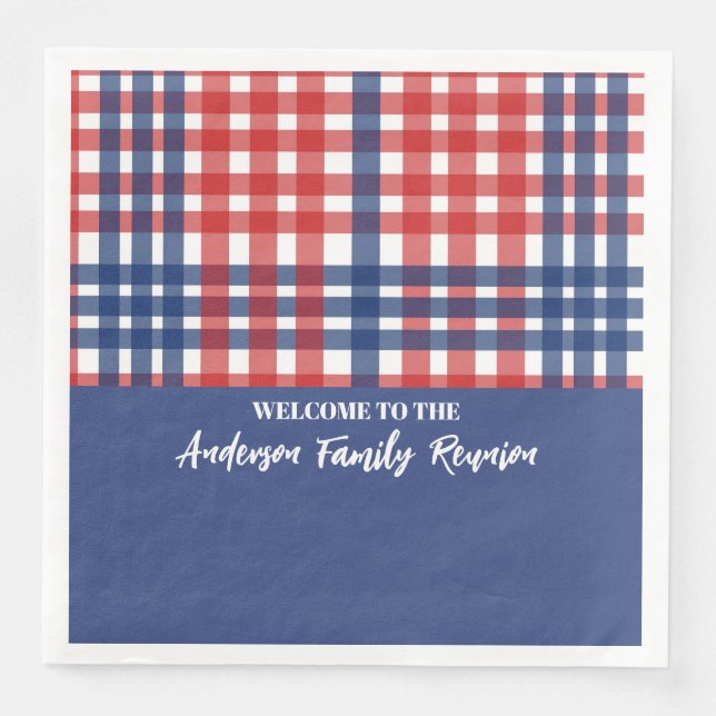 Red, White and Blue Gingham Family Reunion Paper Dinner Napkins (Front)