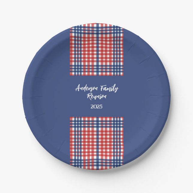 Red, White and Blue Gingham Family Reunion Paper Plates (Front)