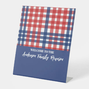 Red, White and Blue Gingham Family Reunion Pedestal Sign