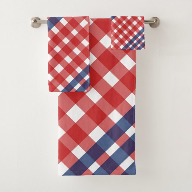 Red, White and Blue Gingham Plaid Americana Bath Towel Set (Insitu)