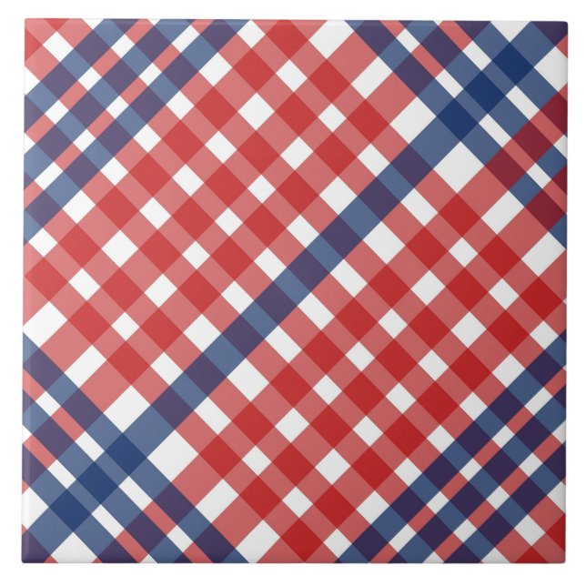 Red White and Blue Gingham Plaid Ceramic Tile (Front)