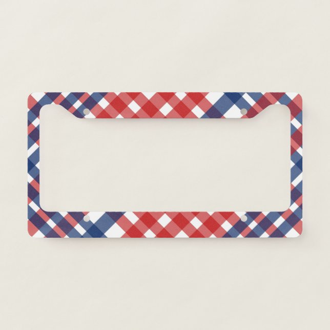 Red White and Blue Gingham Plaid License Plate Frame (Front)