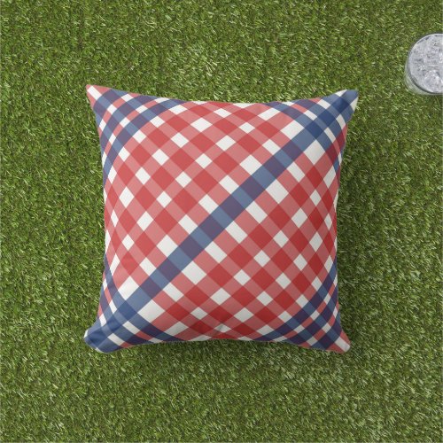 Red White and Blue Gingham Plaid Outdoor Pillow