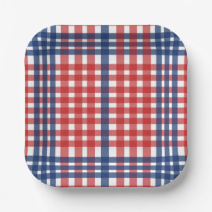 Red White and Blue Gingham Plaid Paper Plates