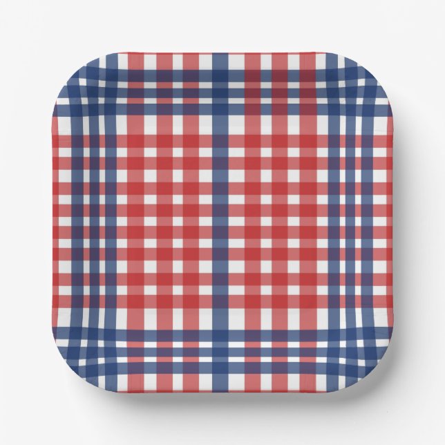 Red White and Blue Gingham Plaid Paper Plates (Front)