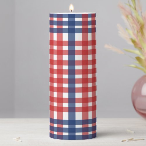 Red White and Blue Gingham Plaid Pillar Candle